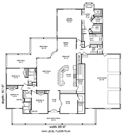 Country, Farmhouse, Ranch, Traditional House Plan 40806 with 4 Beds, 5 Baths, 3 Car Garage First Level Plan