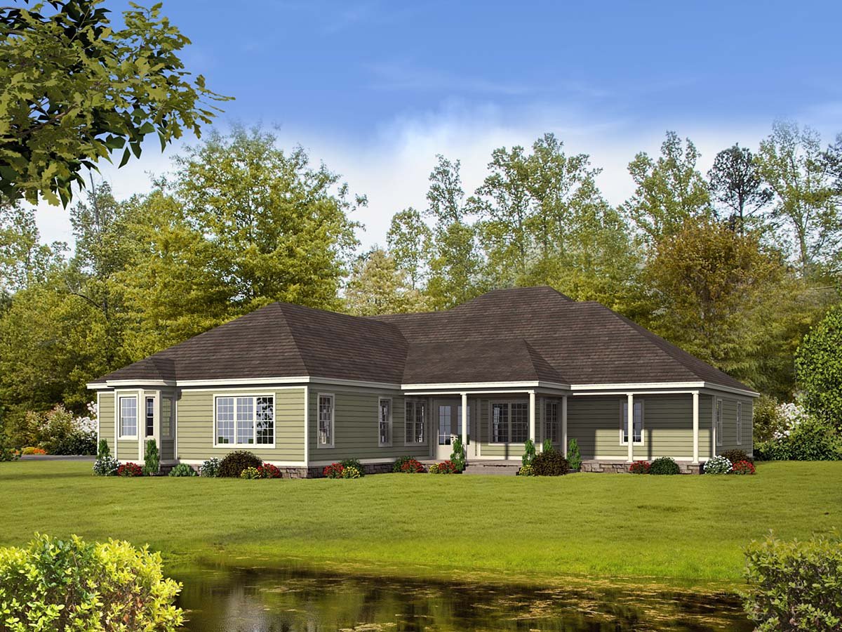 Country, Farmhouse, Ranch, Traditional Plan with 3491 Sq. Ft., 4 Bedrooms, 5 Bathrooms, 3 Car Garage Rear Elevation