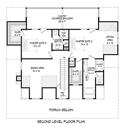 Country, Farmhouse, Traditional House Plan 40822 with 3 Beds, 4 Baths Second Level Plan