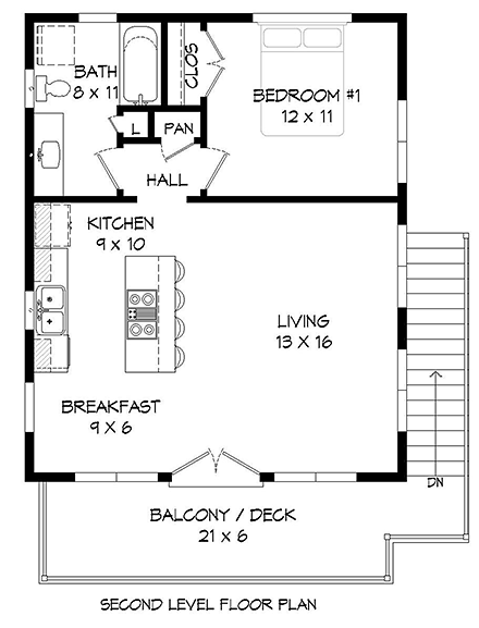 Contemporary, Modern Garage-Living Plan 40823 with 1 Beds, 1 Baths, 2 Car Garage Second Level Plan