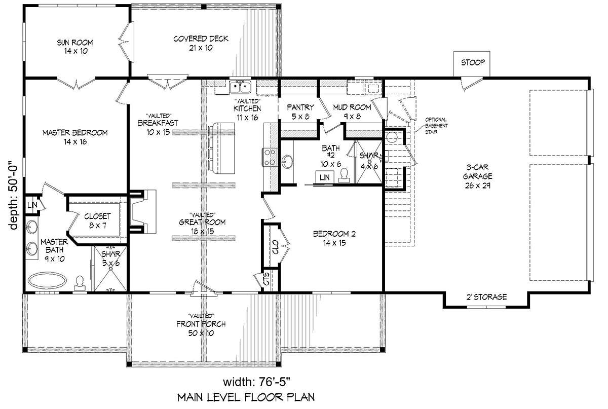 House Plan 40824 - Ranch Style with 1650 Sq Ft, 2 Bed, 1 Bath, 1