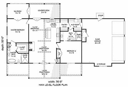 Country, Ranch House Plan 40824 with 2 Beds, 2 Baths, 3 Car Garage First Level Plan