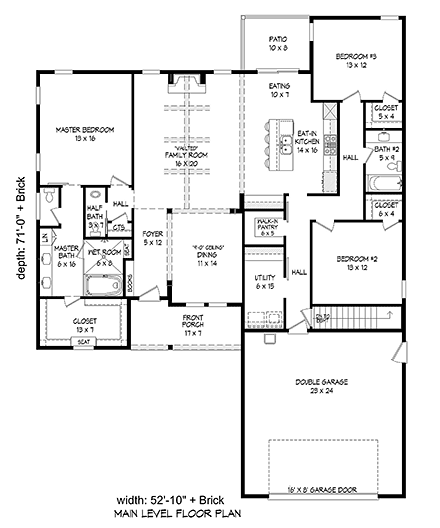 Cottage, Craftsman, Ranch House Plan 40827 with 3 Beds, 3 Baths, 2 Car Garage First Level Plan