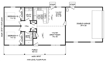 Cottage, Country, Farmhouse, Ranch House Plan 40829 with 2 Beds, 1 Baths, 2 Car Garage First Level Plan