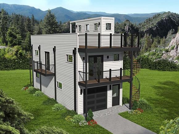 Contemporary, Modern, Narrow Lot House Plan 40839 with 2 Beds, 1 Baths, 2 Car Garage Elevation