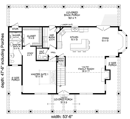 Bungalow, Cottage, Country House Plan 40847 with 3 Beds, 4 Baths First Level Plan