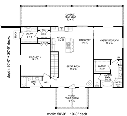 Bungalow, Cabin, Cottage House Plan 40848 with 2 Beds, 2 Baths First Level Plan