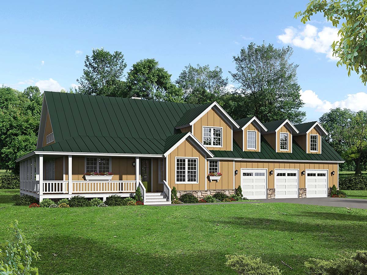 Country, Craftsman, Farmhouse Plan with 3000 Sq. Ft., 3 Bedrooms, 3 Bathrooms, 3 Car Garage Elevation