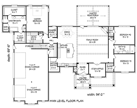 European, French Country, Ranch House Plan 40853 with 4 Beds, 4 Baths, 3 Car Garage First Level Plan