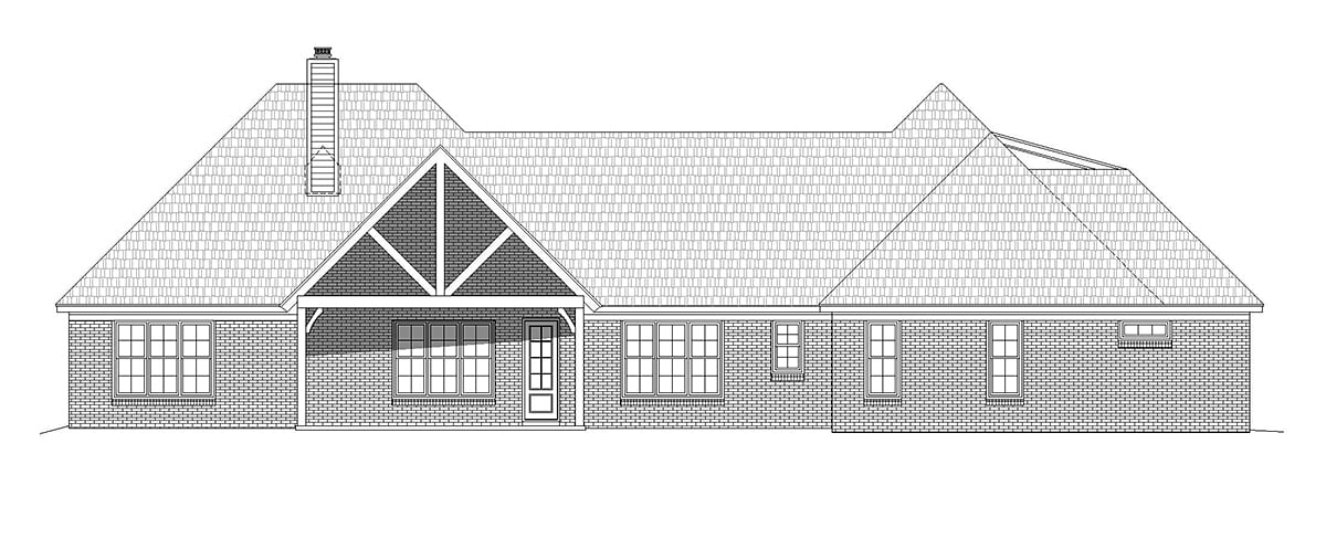 European, French Country, Ranch Plan with 3642 Sq. Ft., 4 Bedrooms, 4 Bathrooms, 3 Car Garage Rear Elevation