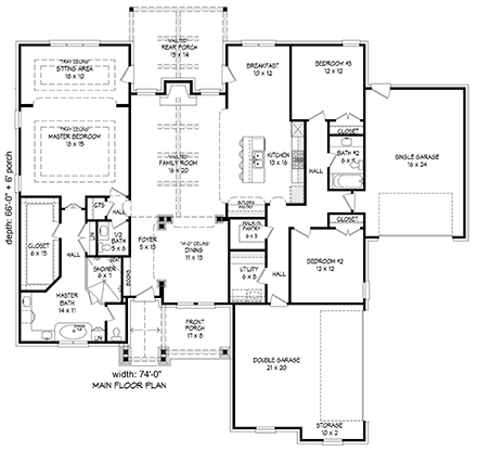 Craftsman, Ranch, Traditional House Plan 40854 with 3 Beds, 3 Baths, 3 Car Garage First Level Plan