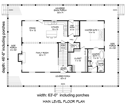 Country, Farmhouse, Traditional House Plan 40857 with 3 Beds, 4 Baths First Level Plan