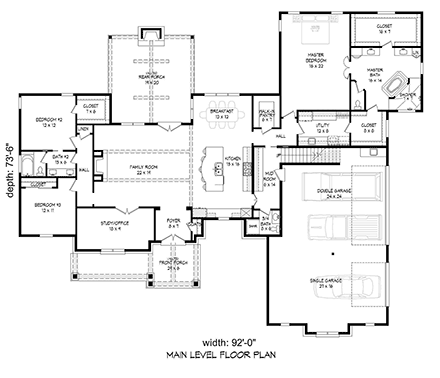 European, French Country, Ranch House Plan 40860 with 3 Beds, 4 Baths, 3 Car Garage First Level Plan