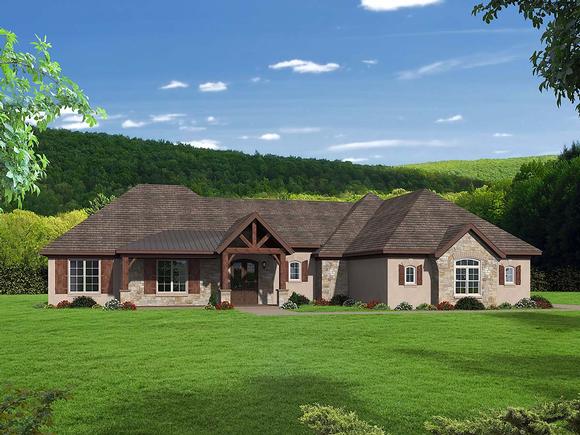 European, French Country, Ranch House Plan 40860 with 3 Beds, 4 Baths, 3 Car Garage Elevation