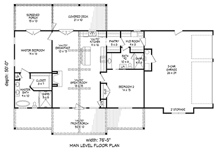 Country, Farmhouse, Ranch House Plan 40864 with 2 Beds, 2 Baths First Level Plan