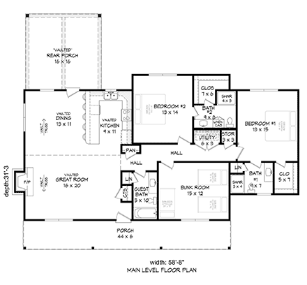 Country, Ranch, Traditional House Plan 40868 with 3 Beds, 2 Baths First Level Plan