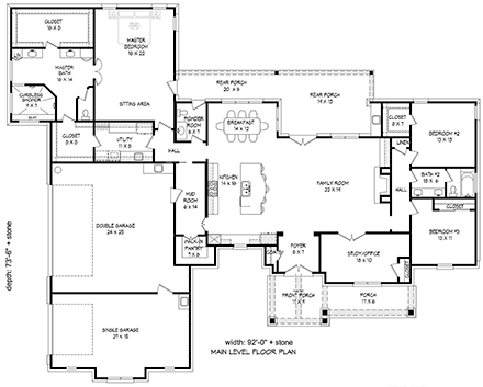 European, French Country, Ranch House Plan 40871 with 3 Beds, 3 Baths, 3 Car Garage First Level Plan