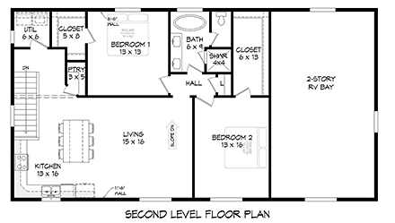 Contemporary, Modern Garage-Living Plan 40889 with 2 Beds, 1 Baths, 4 Car Garage Second Level Plan