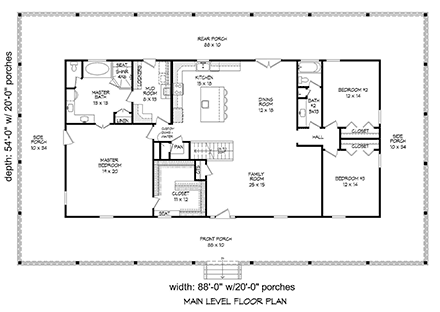 Country, Farmhouse, Ranch, Traditional House Plan 40892 with 4 Beds, 3 Baths, 3 Car Garage First Level Plan