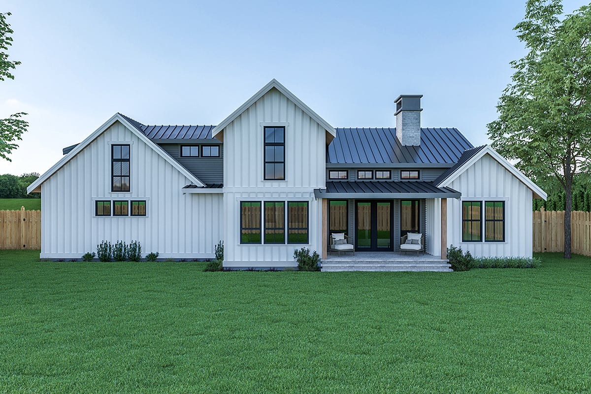 Contemporary, Country, Farmhouse Plan with 2486 Sq. Ft., 3 Bedrooms, 3 Bathrooms, 2 Car Garage Rear Elevation