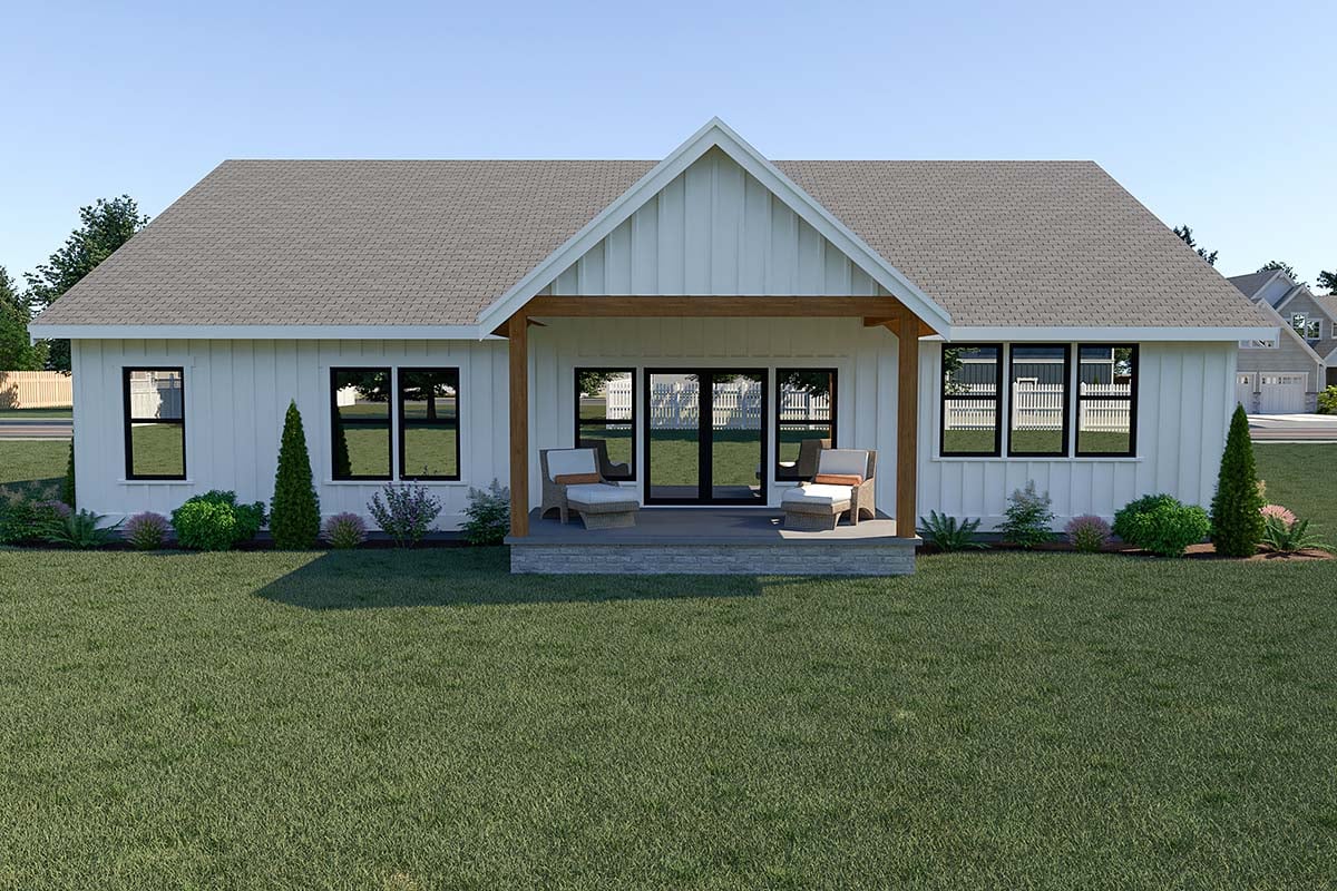Contemporary, Country, Craftsman, Farmhouse Plan with 2122 Sq. Ft., 3 Bedrooms, 2 Bathrooms, 3 Car Garage Rear Elevation