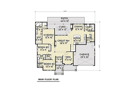 Craftsman House Plan 40926 with 3 Beds, 3 Baths, 2 Car Garage First Level Plan