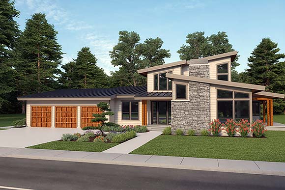 Contemporary, Modern House Plan 40928 with 3 Beds, 3 Baths, 3 Car Garage Elevation