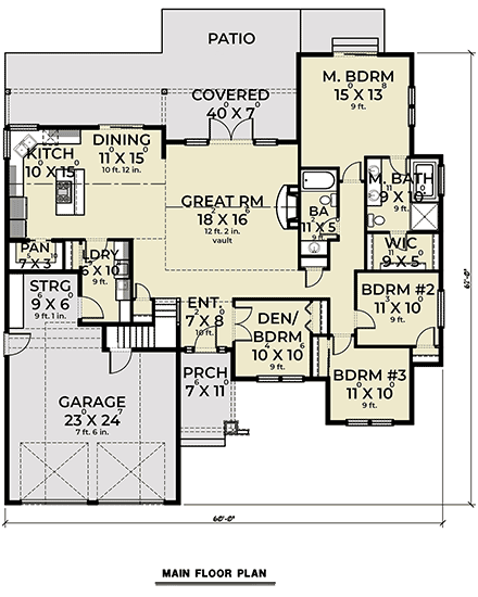 Craftsman, Farmhouse House Plan 40932 with 3 Beds, 2 Baths, 2 Car Garage First Level Plan