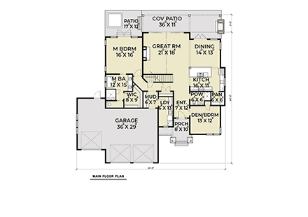 Craftsman House Plan 40961 with 5 Beds, 3 Baths, 3 Car Garage First Level Plan