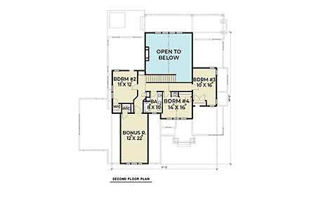 Craftsman House Plan 40961 with 5 Beds, 3 Baths, 3 Car Garage Second Level Plan