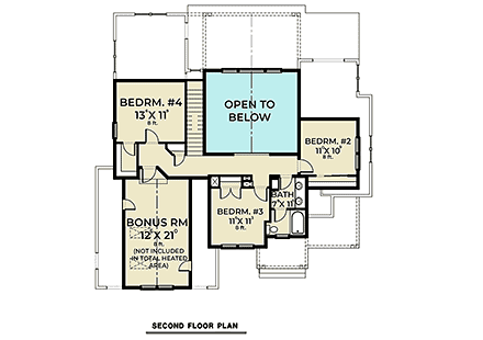 Contemporary, Country, Farmhouse House Plan 40999 with 4 Beds, 3 Baths, 2 Car Garage Second Level Plan