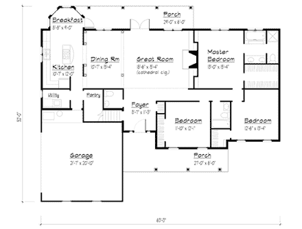 Cape Cod, Country, Ranch House Plan 41006 with 3 Beds, 3 Baths, 2 Car Garage First Level Plan