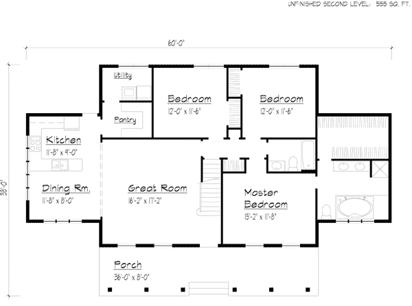 Country, One-Story House Plan 41023 with 3 Beds, 2 Baths Level One