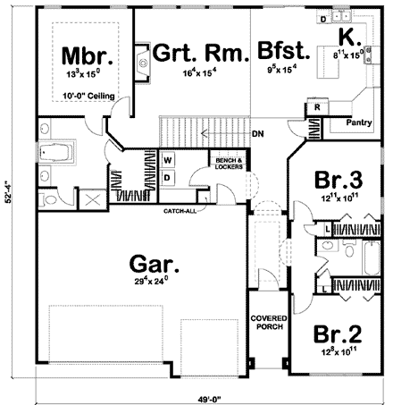 Craftsman House Plan 41101 with 3 Beds, 2 Baths, 3 Car Garage First Level Plan