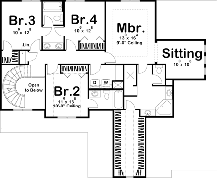 Craftsman House Plan 41146 with 4 Beds, 4 Baths, 3 Car Garage Second Level Plan