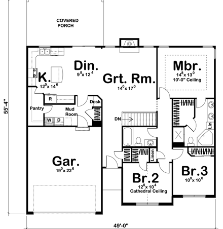 Traditional House Plan 41173 with 3 Beds, 2 Baths, 2 Car Garage First Level Plan