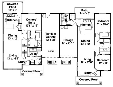Cottage, Country, Craftsman Multi-Family Plan 41262 with 5 Beds, 4 Baths, 2 Car Garage First Level Plan
