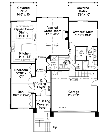 Contemporary, Craftsman, Modern House Plan 41305 with 3 Beds, 2 Baths, 2 Car Garage First Level Plan