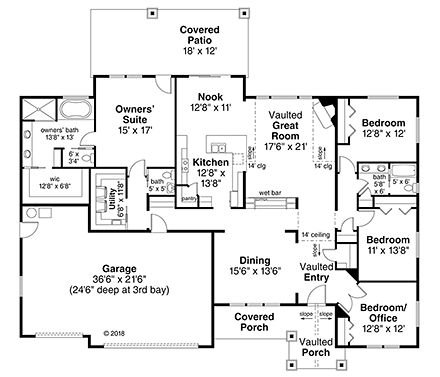 Craftsman, Ranch House Plan 41318 with 4 Beds, 3 Baths, 3 Car Garage First Level Plan