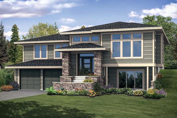 Contemporary, Prairie House Plan 41335 with 3 Beds, 4 Baths, 2 Car Garage Elevation