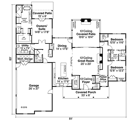 Contemporary, Farmhouse, Ranch House Plan 41344 with 3 Beds, 3 Baths, 3 Car Garage First Level Plan
