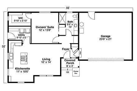 Cottage, Country, Ranch House Plan 41357 with 1 Beds, 1 Baths, 2 Car Garage First Level Plan