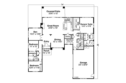 Contemporary, Prairie House Plan 41358 with 3 Beds, 3 Baths, 3 Car Garage First Level Plan