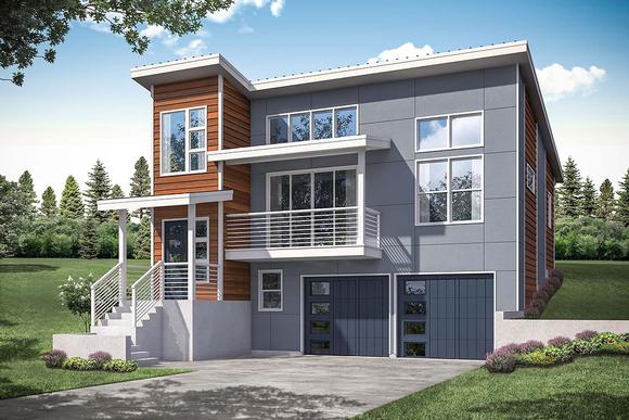 Contemporary, Modern, Narrow Lot House Plan 41359 with 3 Beds, 3 Baths, 2 Car Garage Elevation