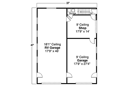 Country, Ranch, Traditional 2 Car Garage Apartment Plan 41371 with 1 Beds, 2 Baths, RV Storage First Level Plan