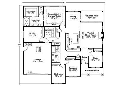 Country, Ranch, Traditional House Plan 41375 with 3 Beds, 2 Baths, 2 Car Garage First Level Plan
