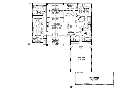 Country, Craftsman, Ranch House Plan 41377 with 2 Beds, 3 Baths, 3 Car Garage First Level Plan