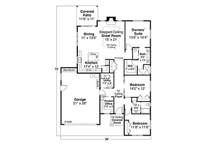 Contemporary, Prairie, Traditional House Plan 41382, 2 Car Garage First Level Plan