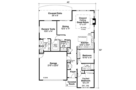 Contemporary, Country, Ranch House Plan 41385 with 3 Beds, 2 Baths, 2 Car Garage First Level Plan