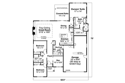 Modern, Prairie, Ranch House Plan 41389 with 3 Beds, 2 Baths, 2 Car Garage First Level Plan